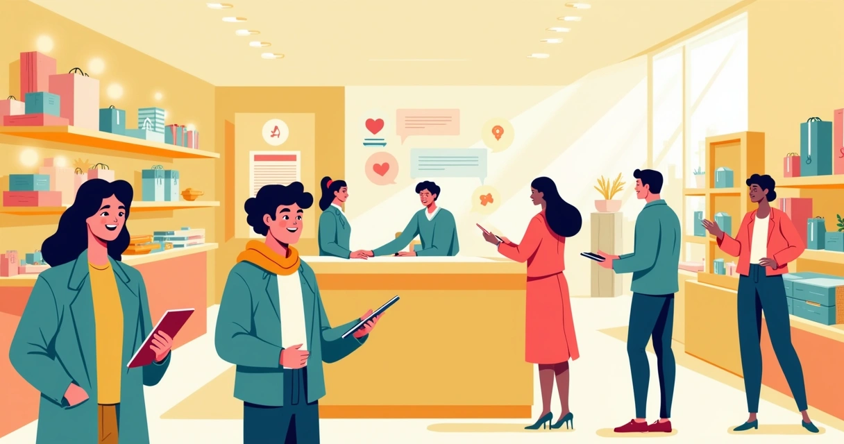 Ilustração de grupo diverso de clientes interagindo em uma loja moderna, destacando a experiência do cliente.