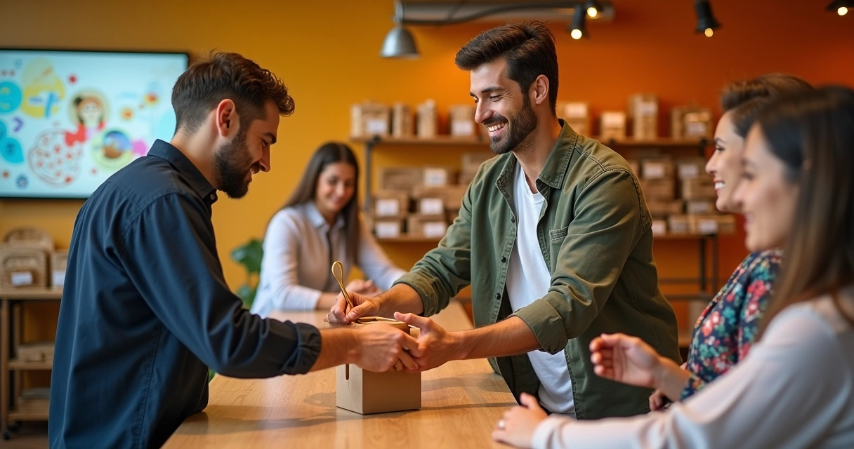 Cliente recebendo um produto personalizado em loja moderna, com apresentações e prateleiras atraentes.