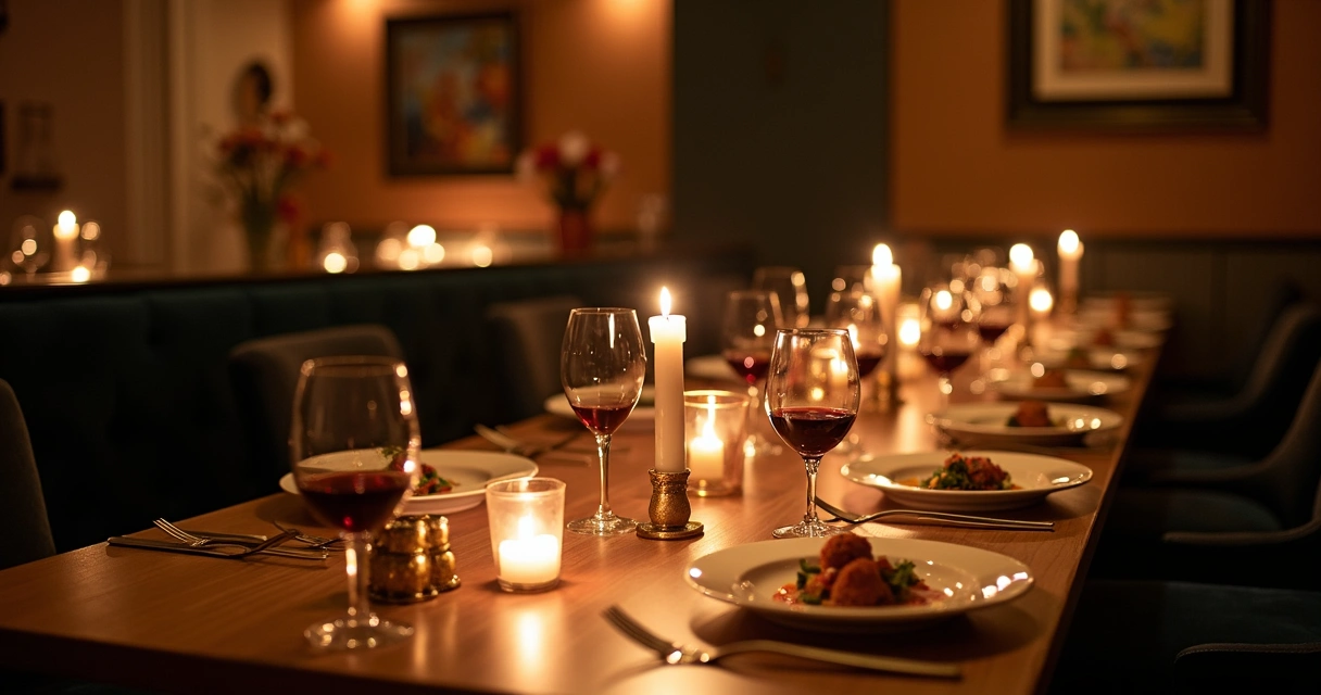 Mesa bem posta com jantar secreto, luz baixa, poucas pessoas, ambiente refinado