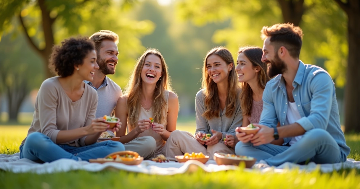 Amigos sorrindo em um piquenique ao ar livre com clima ensolarado 