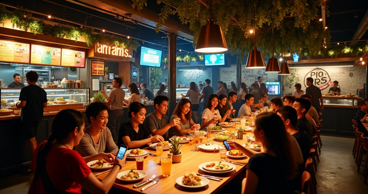 Clientes em praça de alimentação moderna vivenciando experiências gastronômicas e sociais 