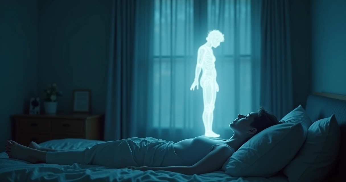 Pessoa deitada em cama com silhueta se elevando sobre o corpo físico 