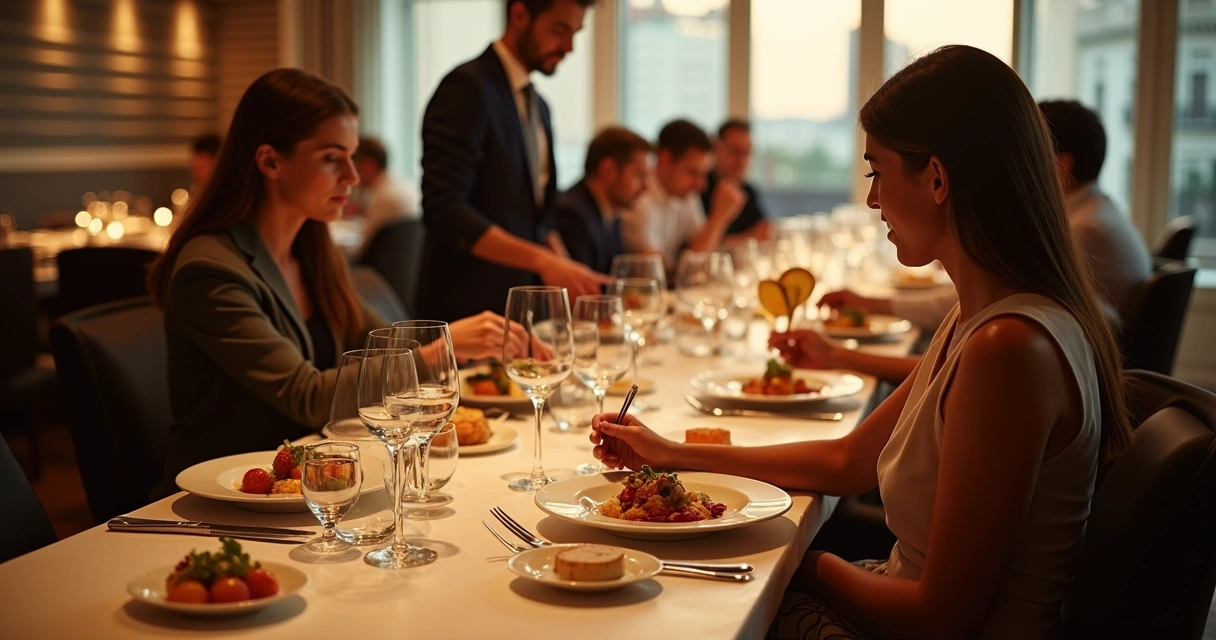 Degustação gourmet em restaurante elegante durante parada de viagem. 