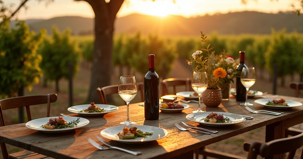 Mesa elegante montada ao ar livre em vinícola