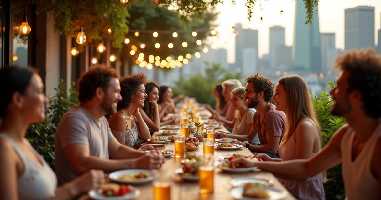 Grupo de amigos rindo em uma mesa de restaurante ao ar livre, pratos variados à mesa 