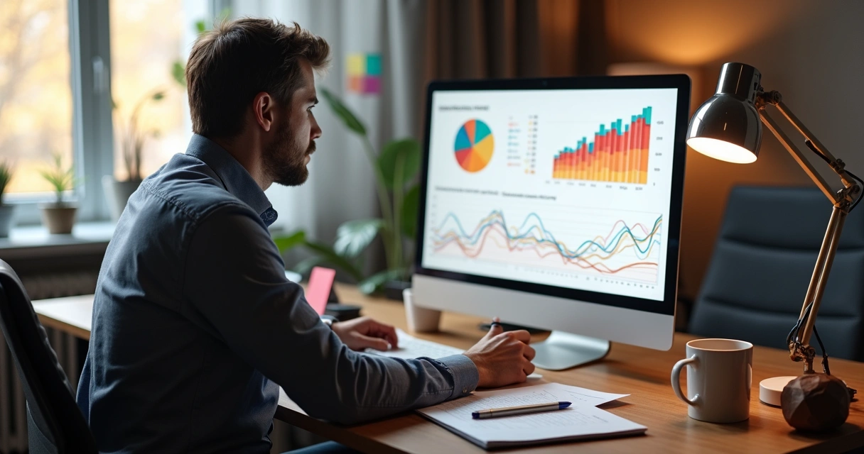 Pequeno empresário analisando gráficos de resultados em notebook em ambiente de escritório moderno