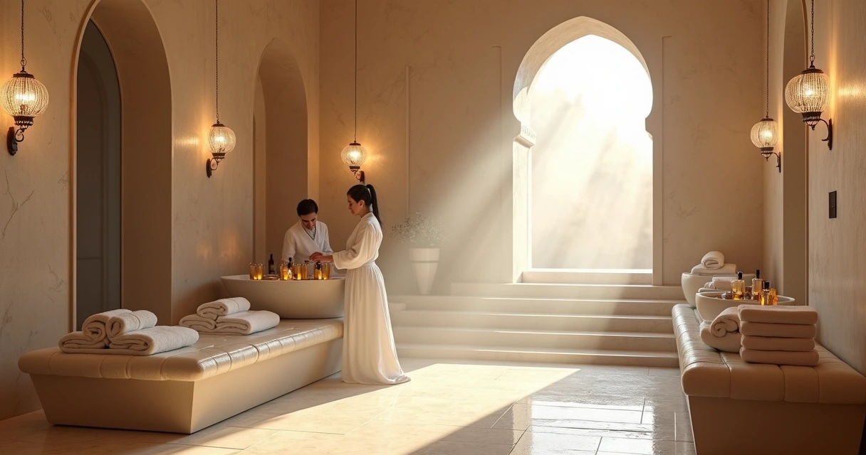 Sala de ritual Hammam com mármore neutro e vapor 