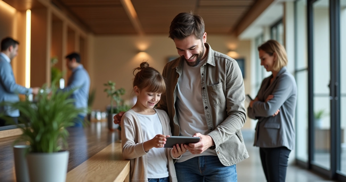 Família usando smartphone para check-in digital em hotel 