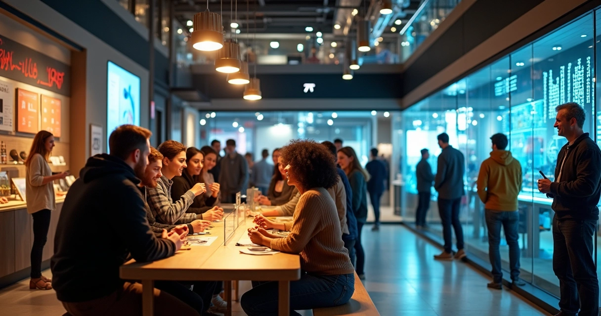 Clientes participam de experiência imersiva em loja enquanto robôs trabalham ao fundo 