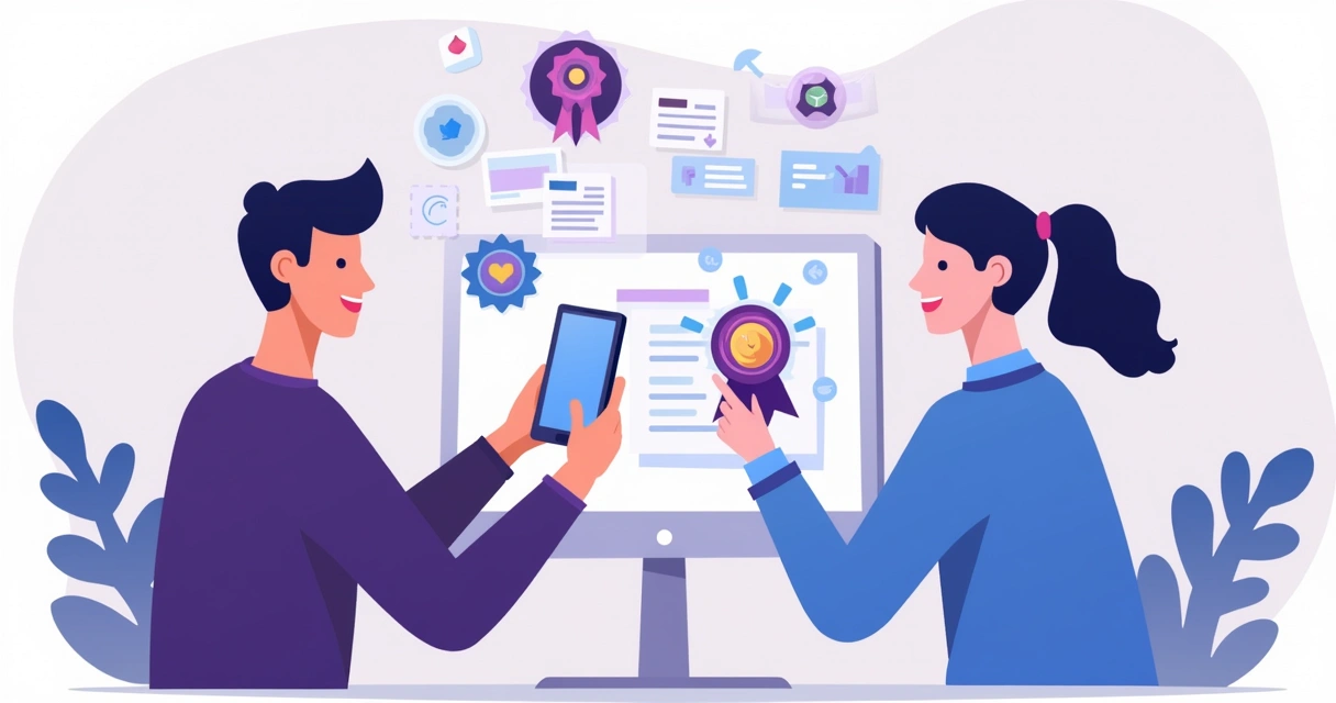 Usuários interagem com missões e badges em diferentes dispositivos, como smartphones e desktops 