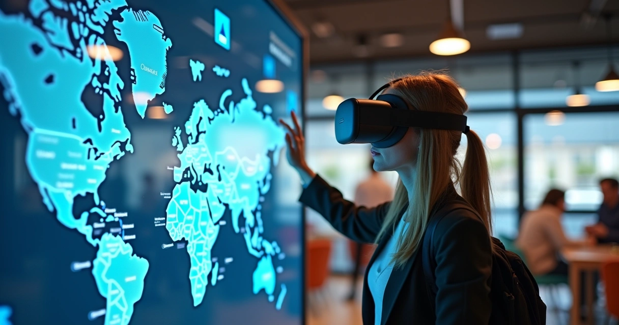 Viajante usando óculos de realidade virtual em agência interativa de turismo. 