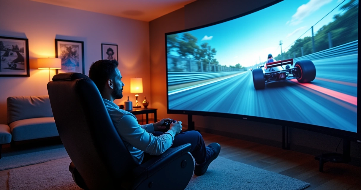 Homem jogando um jogo de corrida em uma cadeira, controlando carro em uma tela grande dentro de uma sala decorada.