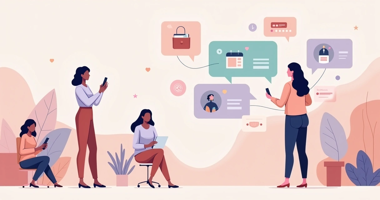 Mulher analisando jornada de marca em painel digital colorido 