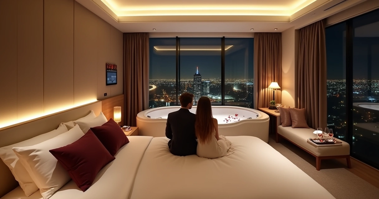 Casal em suíte de motel de luxo com decoração romântica e iluminação suave 