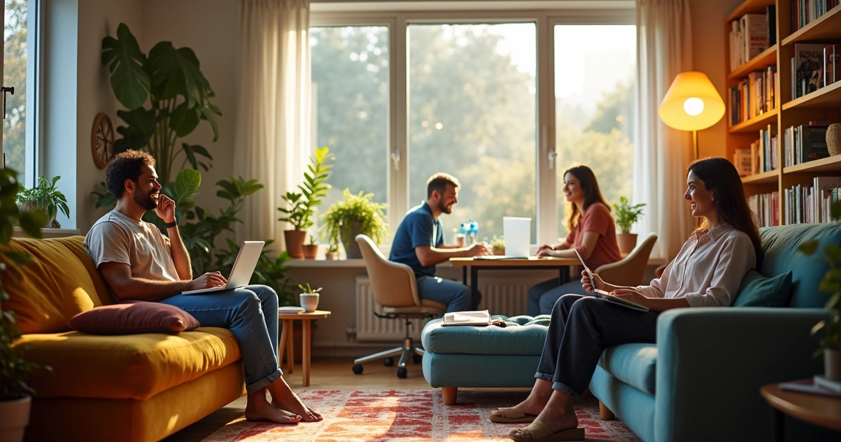 Ambiente de sala compartilhada entre jovens, estudantes e profissionais, decoração moderna