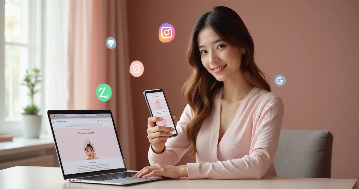 Mulher usando celular para marcar consulta enquanto vê informações em notebook 