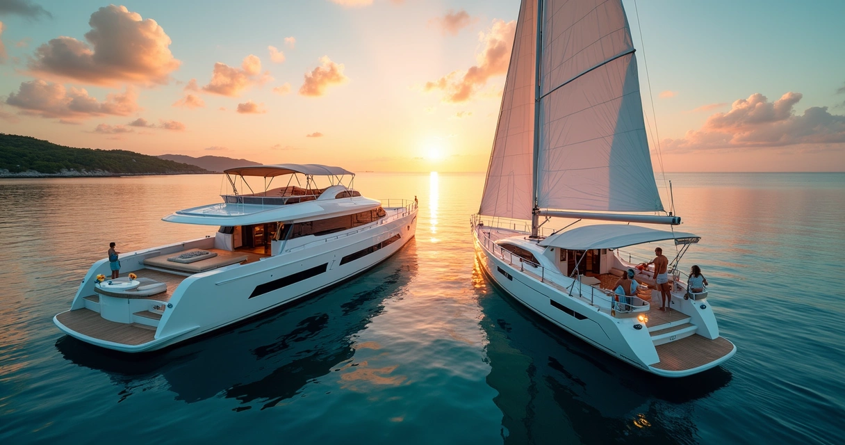 Iate de luxo e veleiro navegando lado a lado ao pôr do sol 