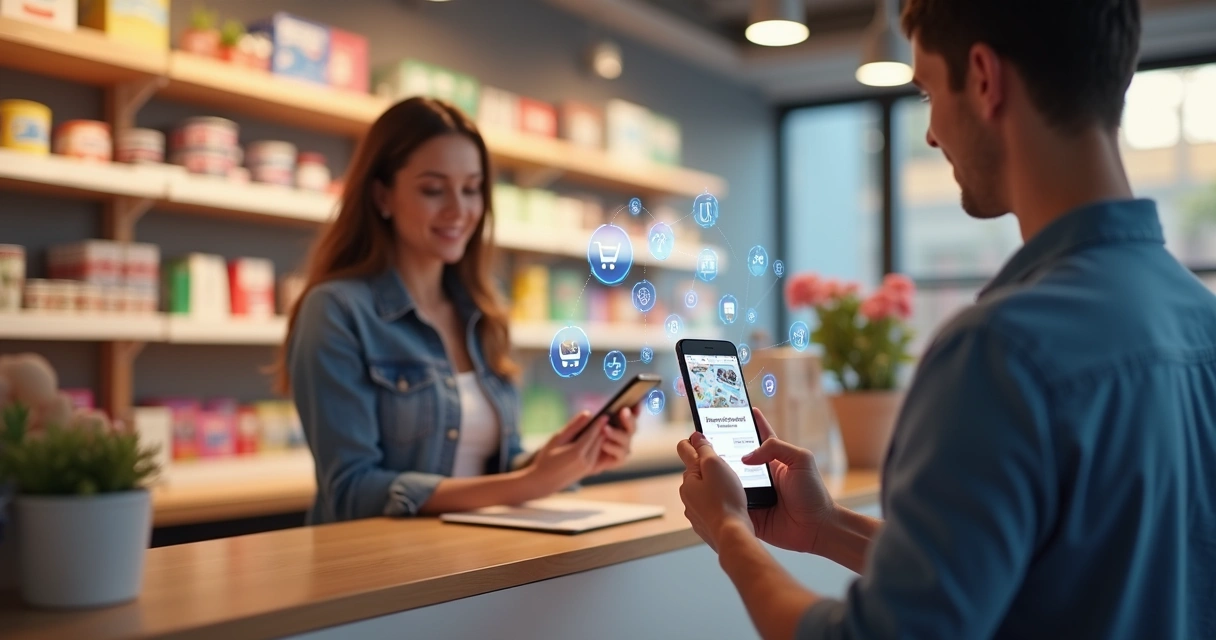 Representação de cliente interagindo com loja física e e-commerce 