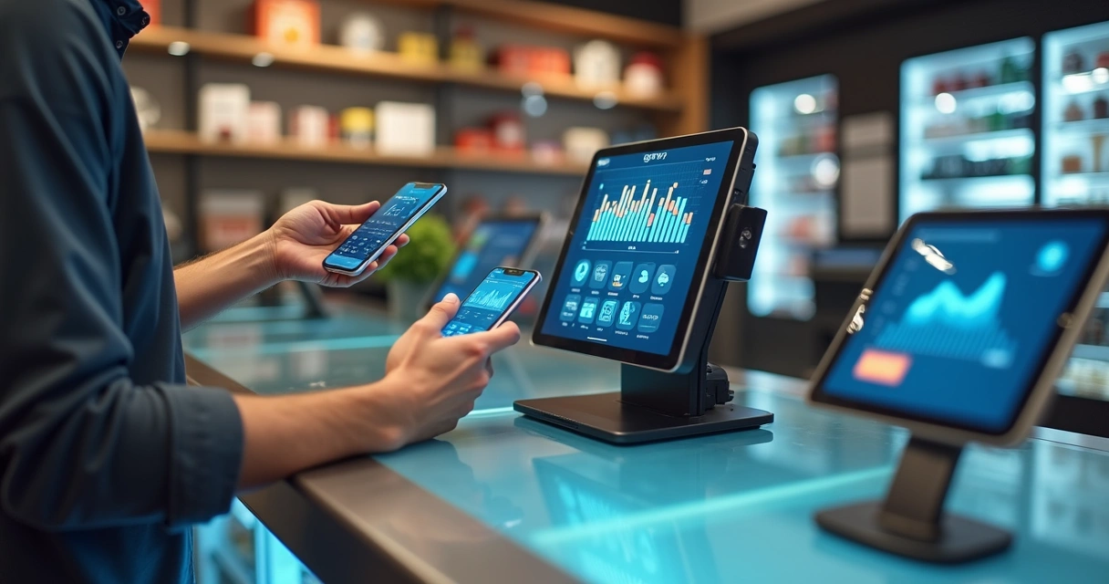Cliente usando smartphone para pagar em loja física com integração digital