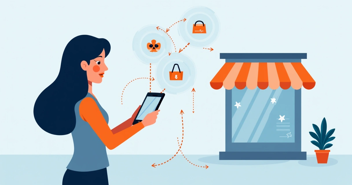 Mulher com smartphone interagindo com loja física e online ao mesmo tempo, representando omnichannel.