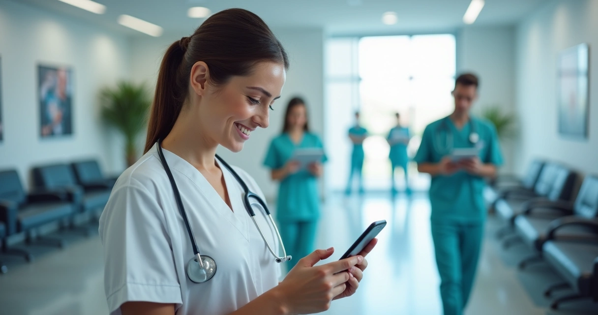 Paciente recebendo lembrete automatizado no celular em ambiente de clínica moderna 