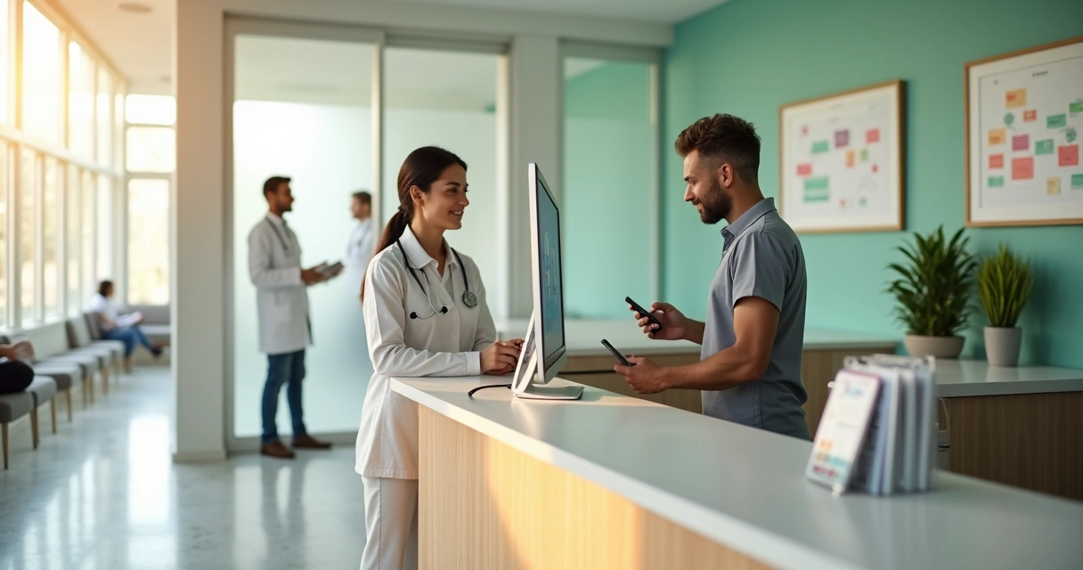 Recepção de clínica moderna com paciente conversando com recepcionista e médico ao fundo 