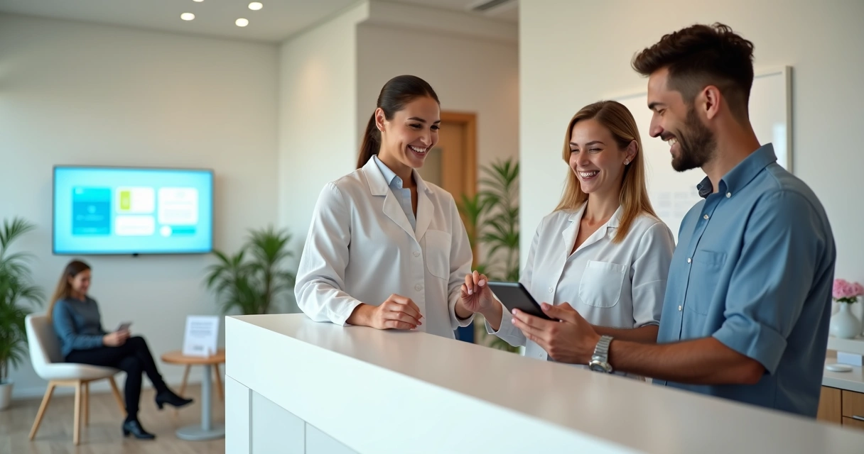 Recepcionista de clínica odontológica sorrindo e recebendo paciente na recepção moderna 
