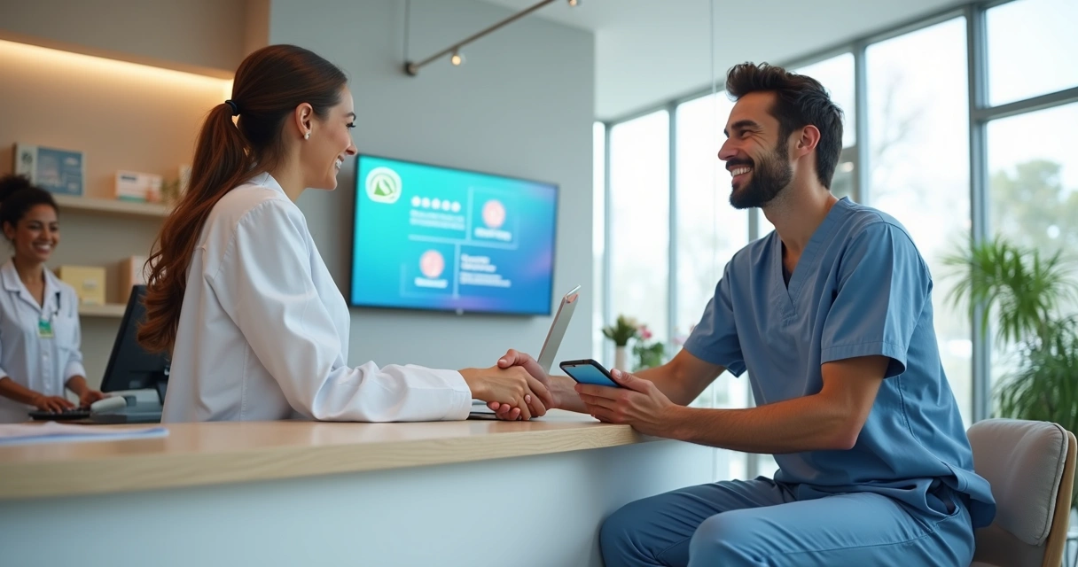 Dentista cumprimentando paciente em clínica odontológica moderna e acolhedora 