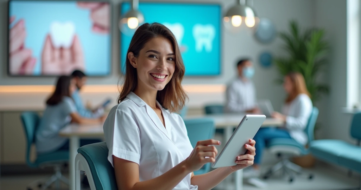 Paciente satisfeito usando tablet para avaliar atendimento em clínica odontológica moderna