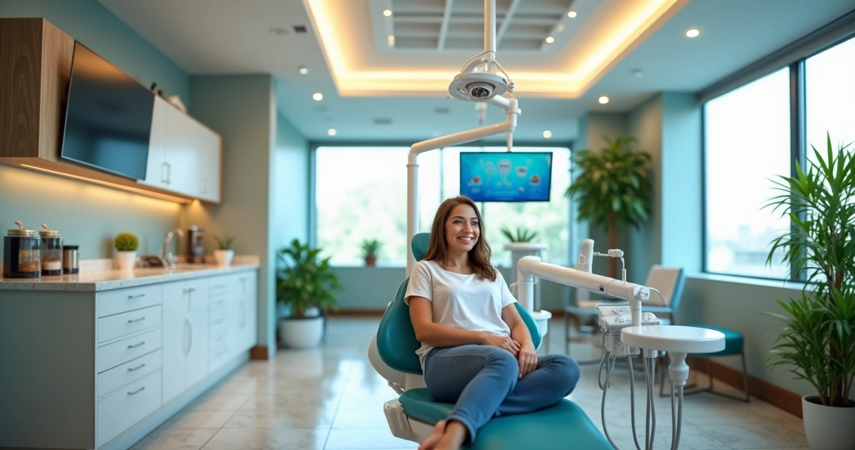 Paciente sorridente em consultório odontológico moderno