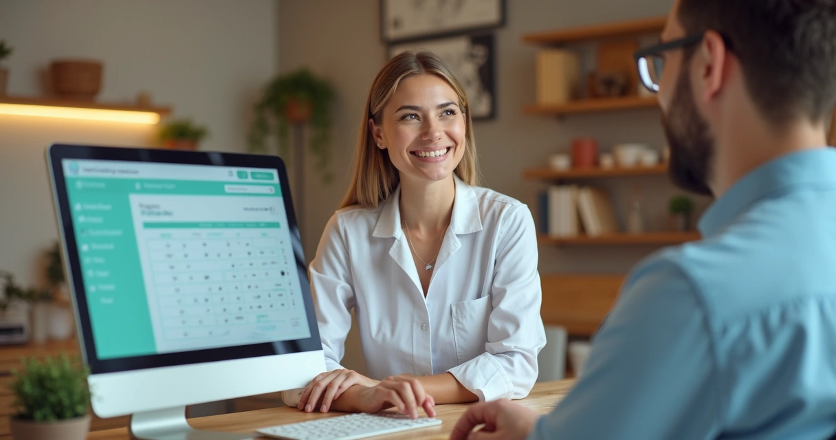 Recepcionista sorridente conversando com paciente na clínica odontológica 