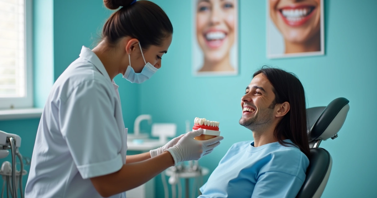 Paciente sorridente recebendo orientação pós-tratamento de dentista 