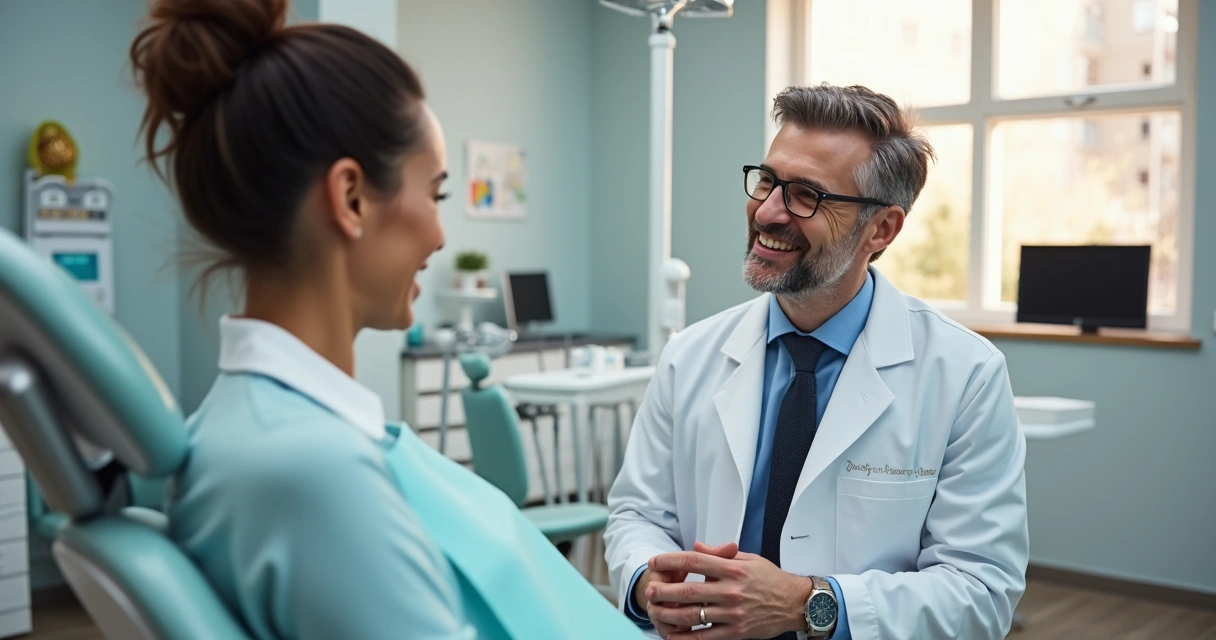 Dentista conversando com paciente em consultório, ambos sorrindo e relaxados 