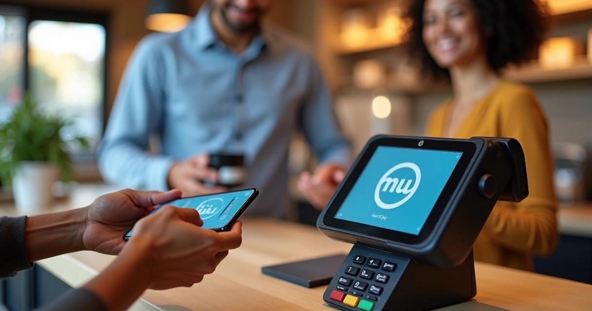 Pessoa usando smartphone para pagar em maquininha personalizada 