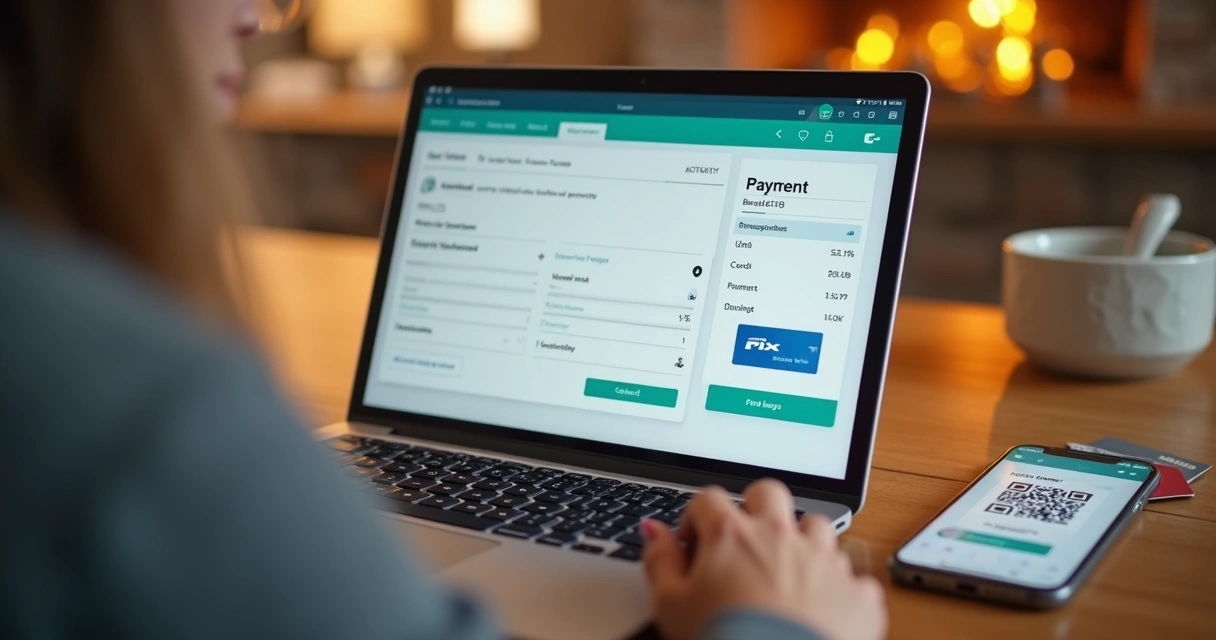 Cliente usando notebook para comprar, checkout visível, cartão e smartphone ao lado 