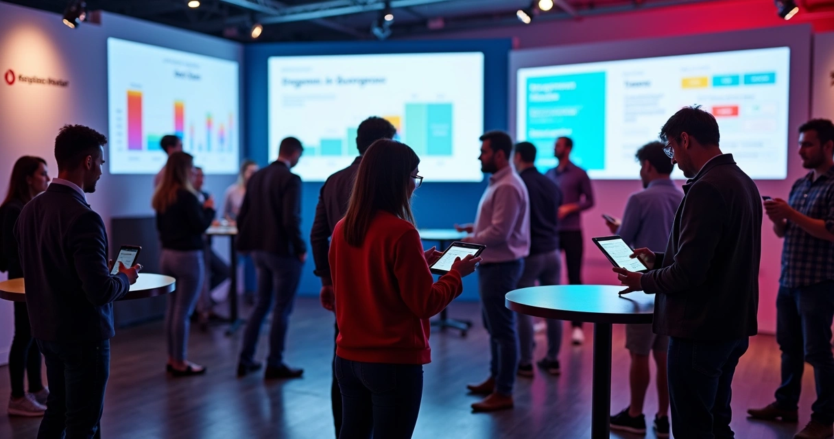 Pessoas interagindo em evento, usando tablets para votar enquanto telas mostram gráficos de engajamento 