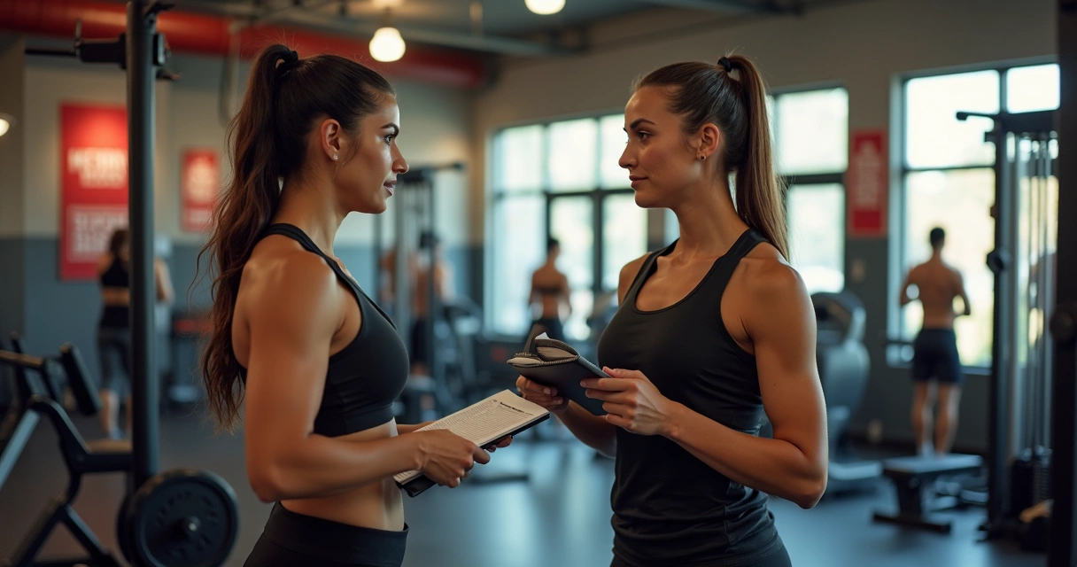 Treinador conversa com aluna ao lado de aparelhos de academia 