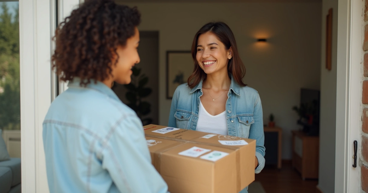 Cliente sorrindo ao receber produto bem embalado em casa