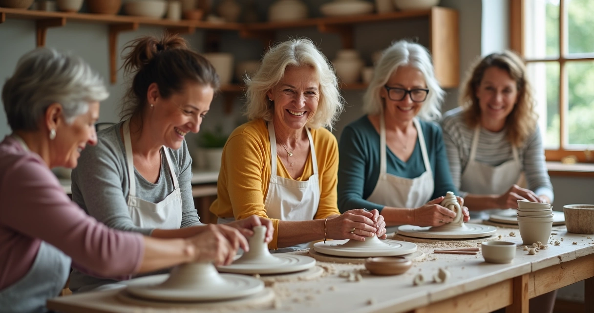Grupo de mulheres sorrindo em uma aula de cerâmica 