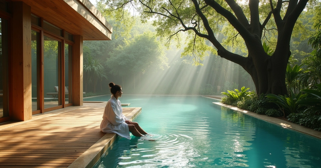 Ambiente de spa com piscina natural e vista para jardim verdejante