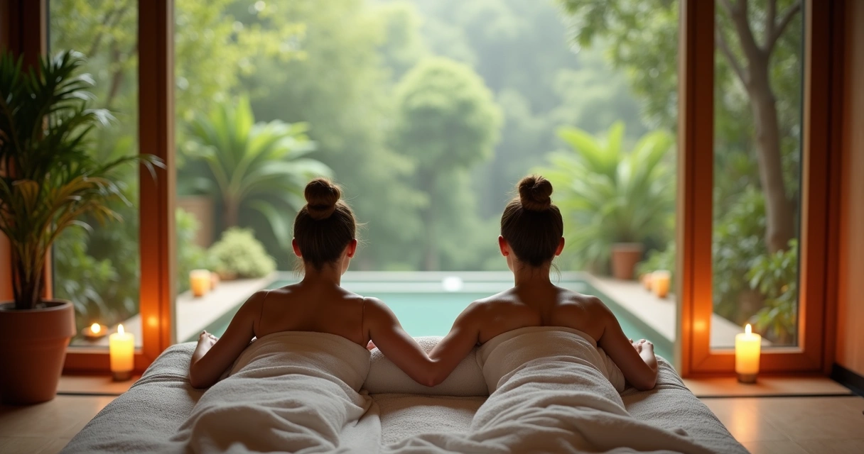 Casal recebendo massagem relaxante em spa com vista para jardim e luz suave 
