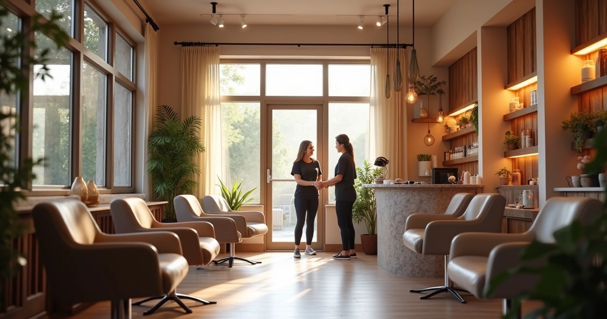 Mulher sendo recebida com sorriso em salão de beleza