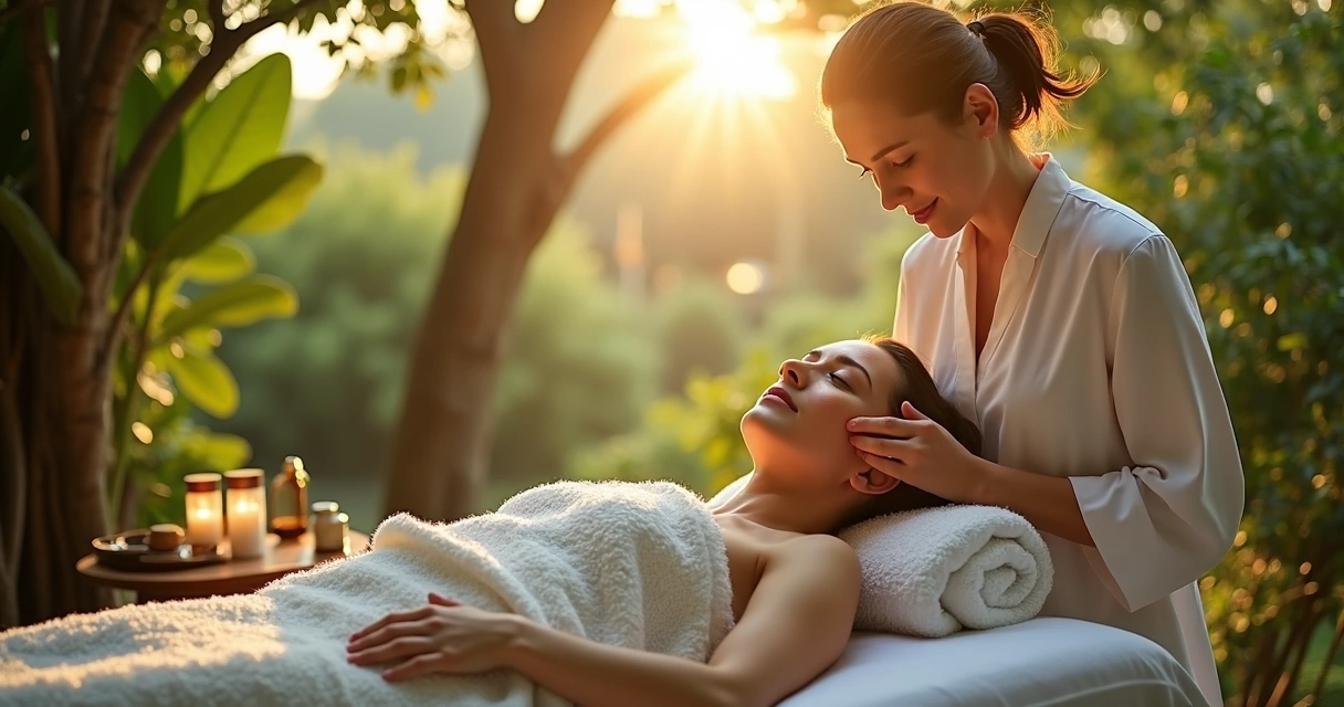 Tratamento facial ao ar livre em spa de luxo integrado a jardins verdes 