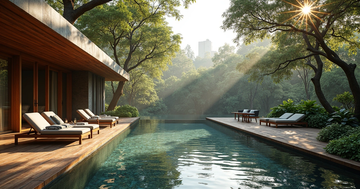 Ambiente de spa urbano luxuoso cercado por vegetação e áreas de relaxamento ao ar livre 