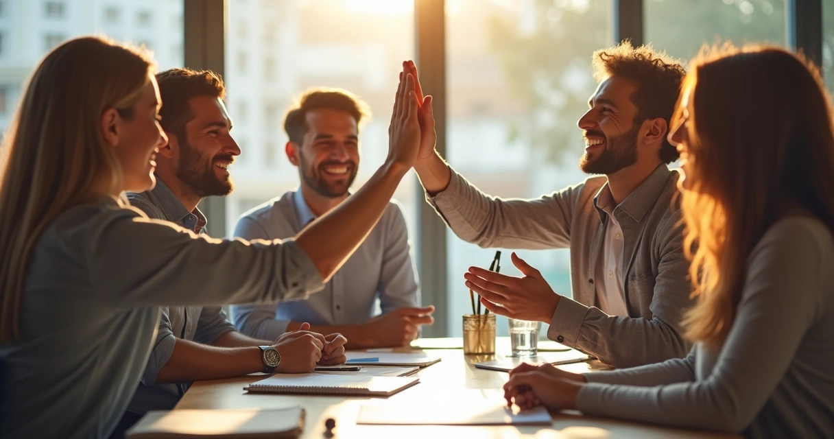 Colegas celebrando conquista no trabalho com sorrisos e leveza. 