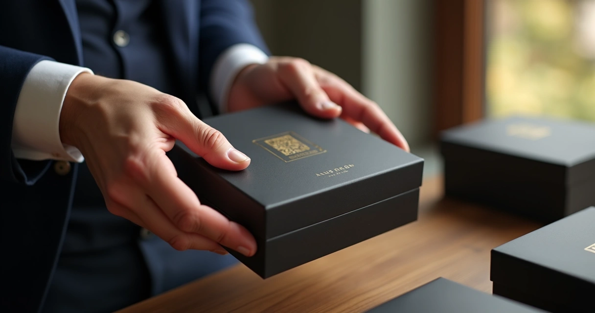 Pessoa abrindo embalagem sofisticada com acabamento especial e QR code 