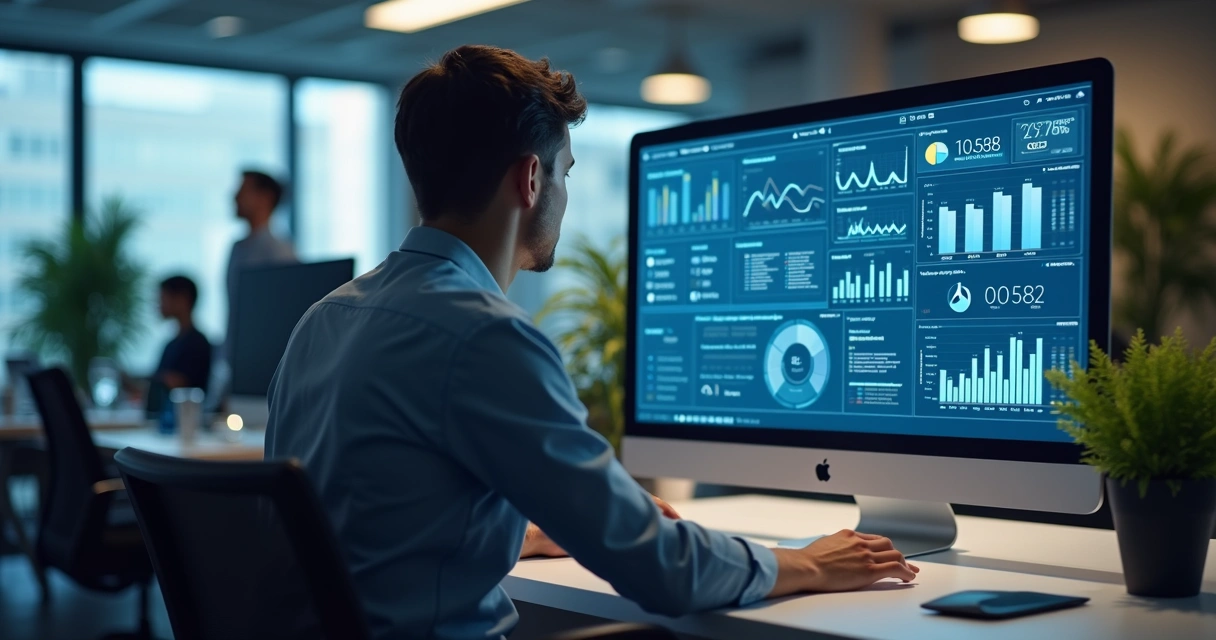 Profissional analisando tela de computador com interface de produto digital B2B e gráficos de usabilidade 