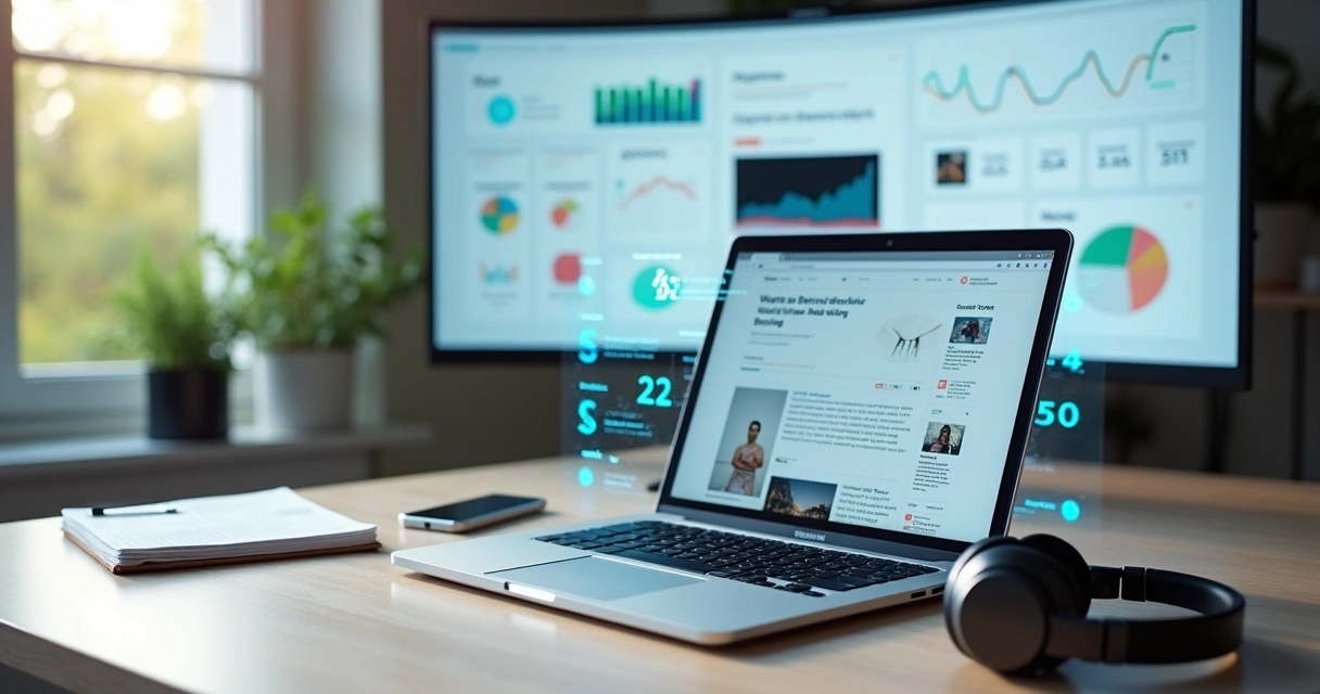 Tela de blog moderno em laptop com gráficos de engajamento e elementos de IA ao fundo 