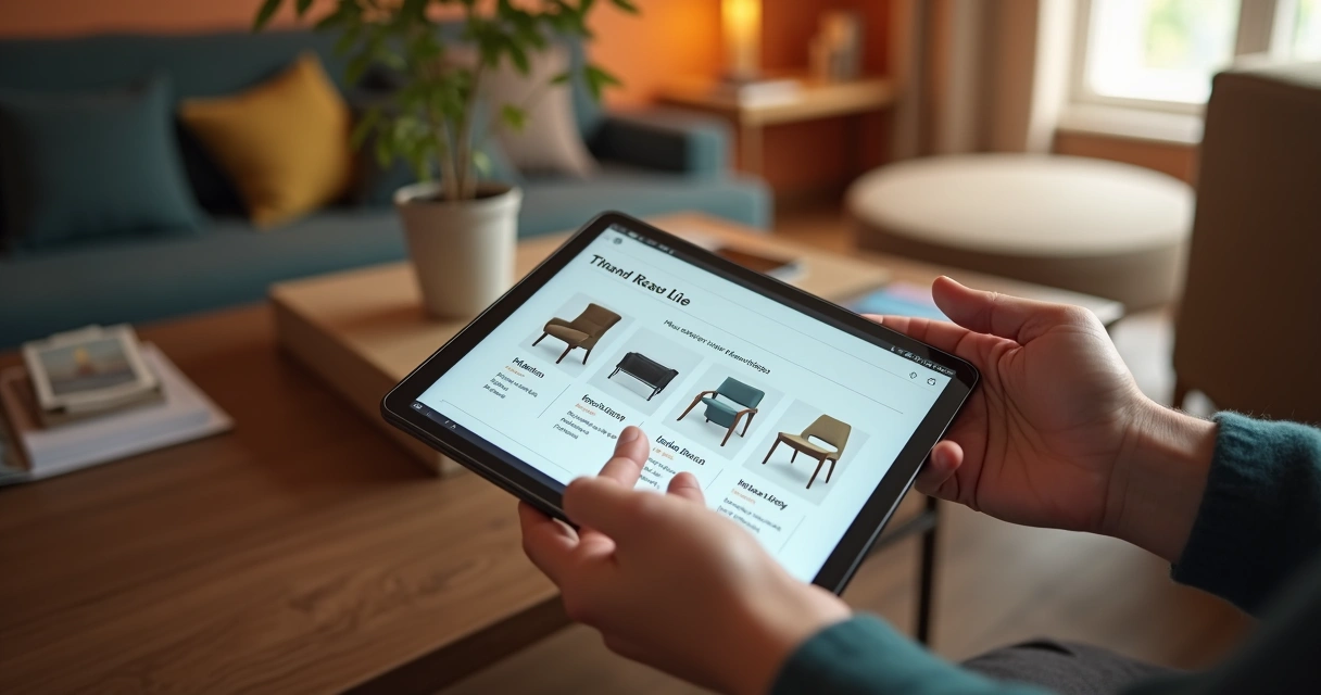 Usuário navegando em catálogo digital em tablet com imagens e categorias organizadas 