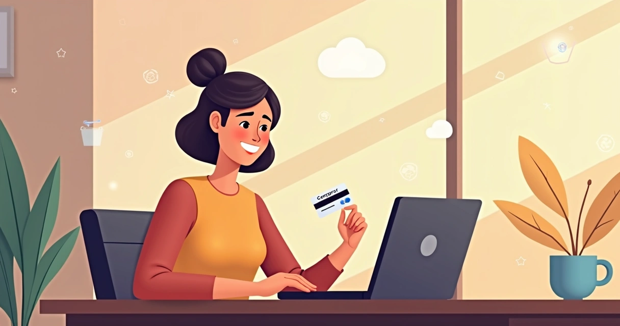 Pessoa fazendo compra online feliz com cartão de crédito 